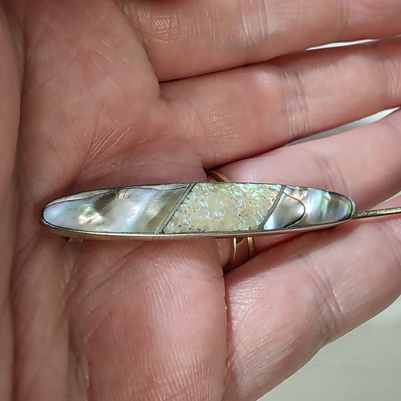 Victorian Era Sterling Silver Abalone Shell Bar Brooch Pin Antique - Picture 4 of 12